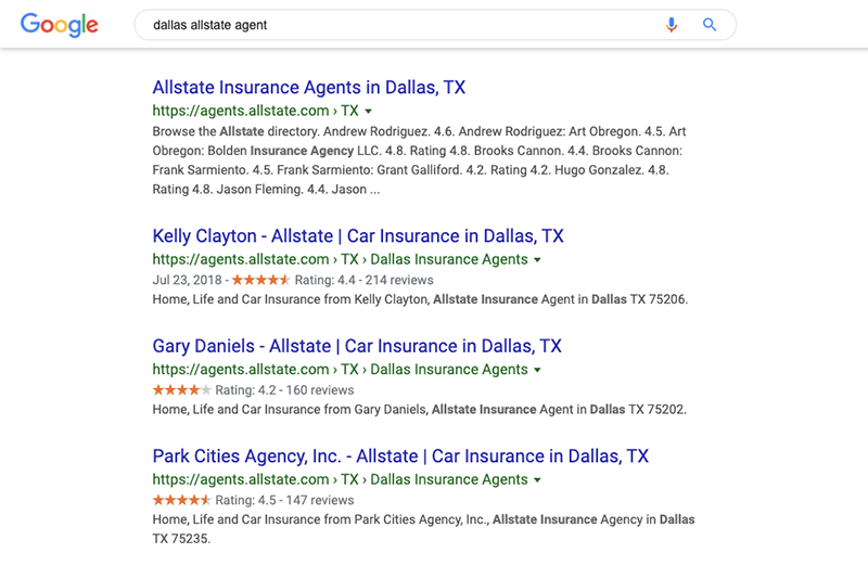 Google search results for insurance agents