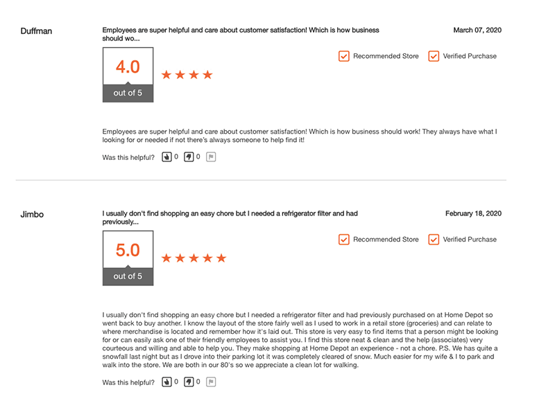 reviews displayed on website