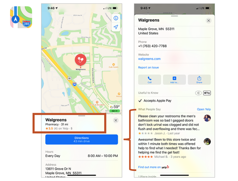 yelp reviews in apple maps app
