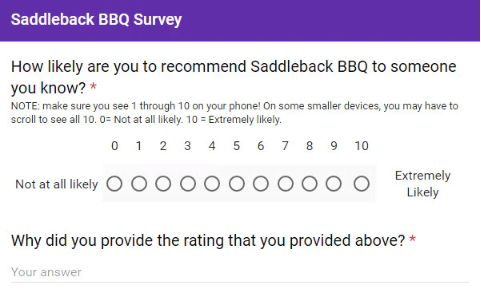 BBQ Restaurant Net Promoter Score NPS example