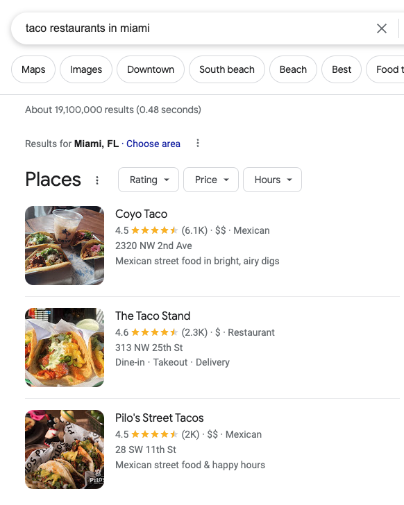 search results for "tacos restaurants in Miami" on google