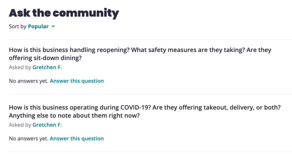 Ask the Community on Yelp - Public questions about COVID.