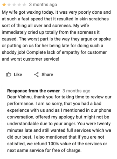 Screenshot of one star beauty salon customer review