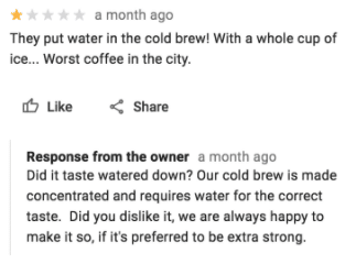 Screenshot of negative customer review with a defensive response