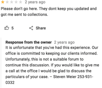 Screenshot of Negative law firm customer review