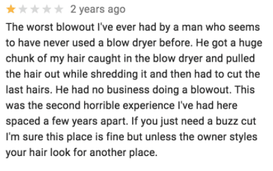 Screenshot of negative hair salon customer review