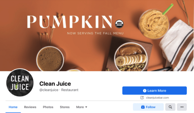 Screenshot of Clean Juice restaurant Facebook page