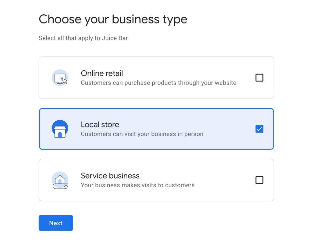 Choose your business type on Google