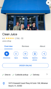 Clean Juice example of completed Google business profile