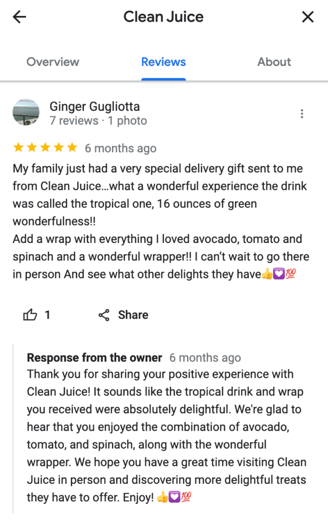Clean Juice Google review example response