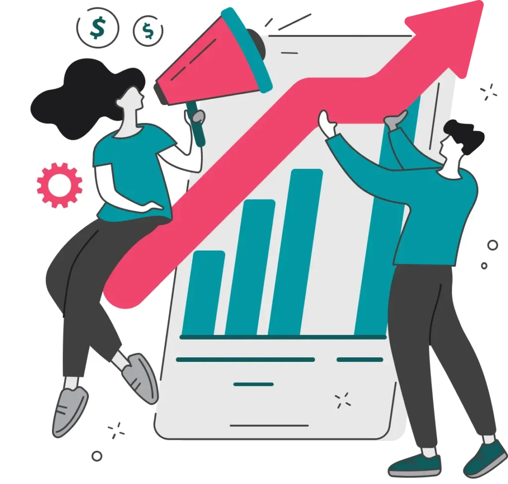Illustration of two people boosting growth with bar chart