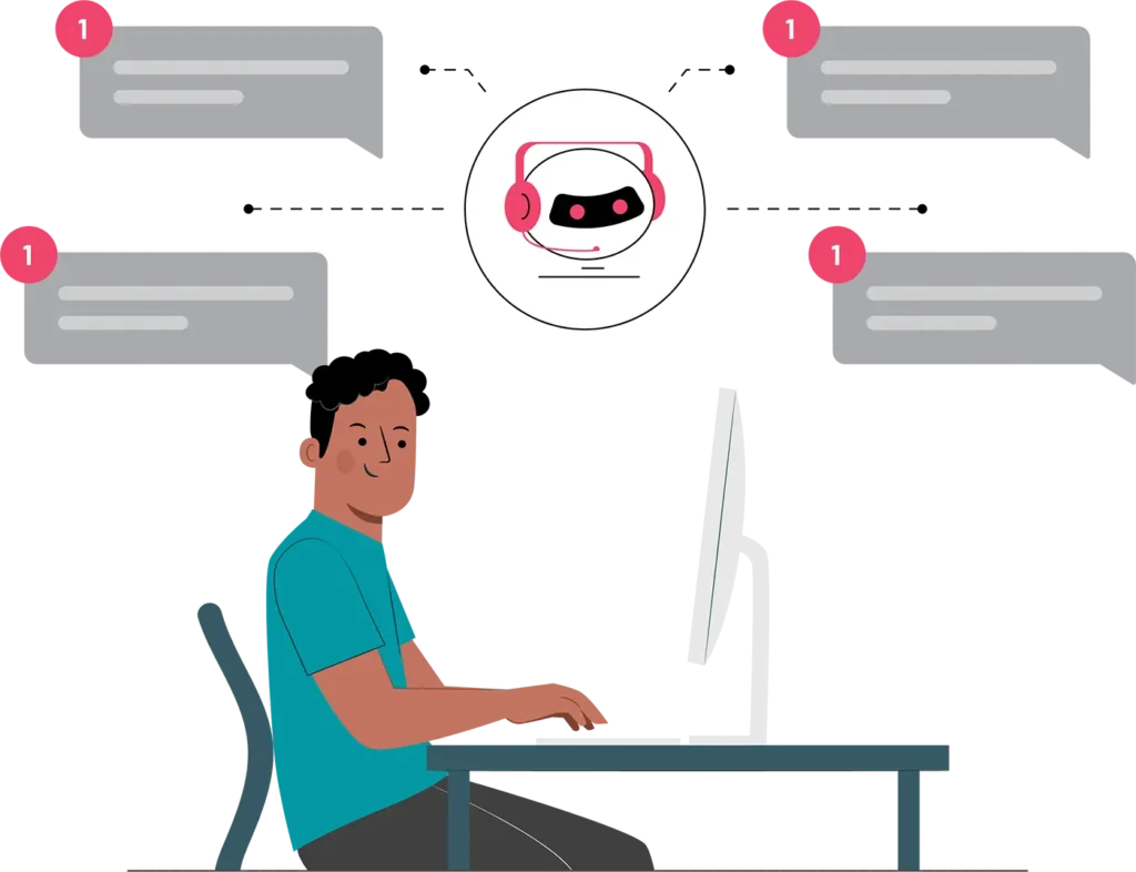 Illustration of laptop screen with automated response bubbles