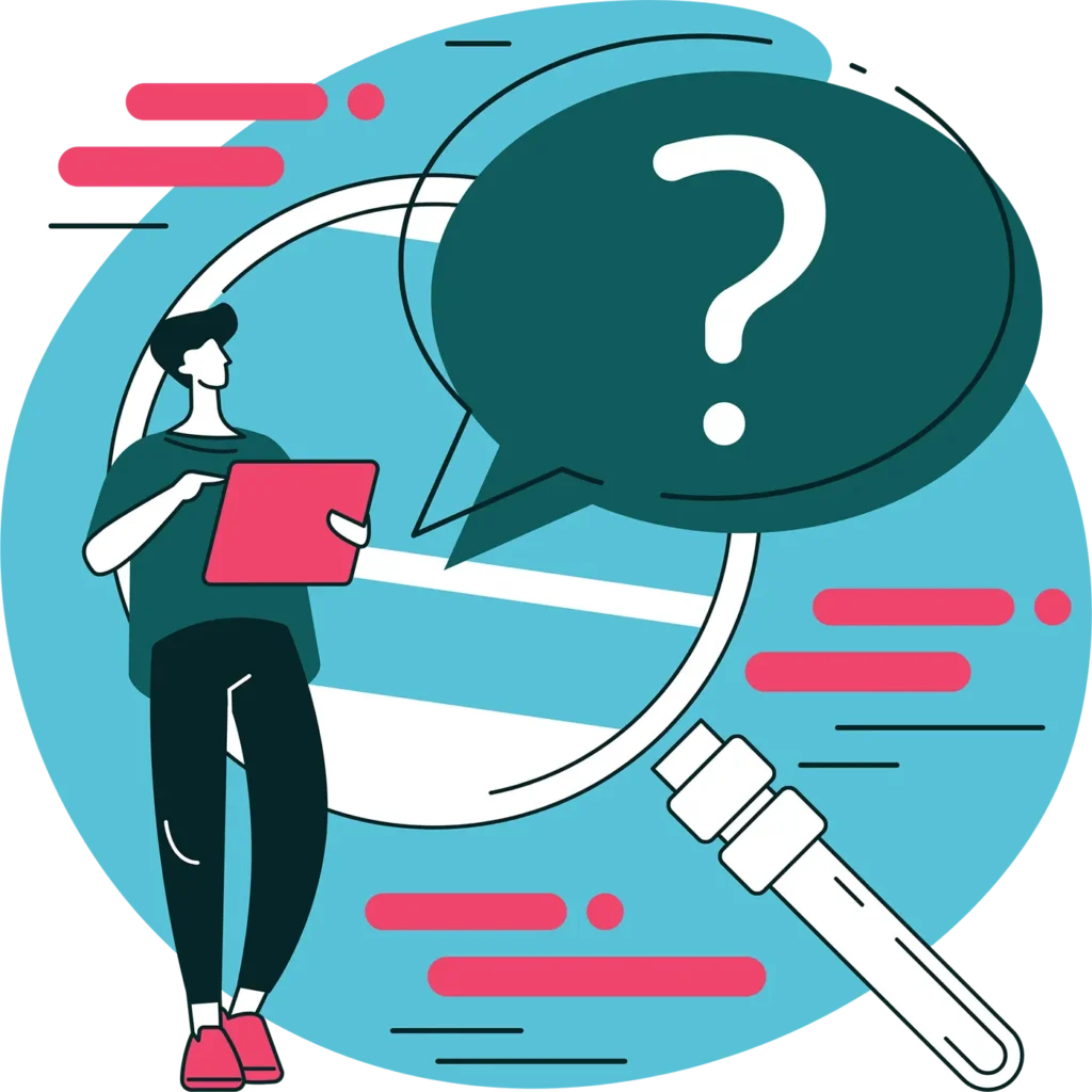 Illustration of person with tablet standing beside magnifying glass and question mark