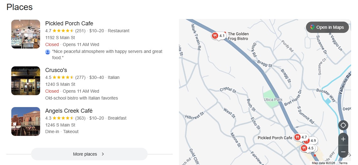 Google local pack showing Pickled Porch Cafe, Crusco’s, and Angels Creek Café listings beside a map of Angels Camp.