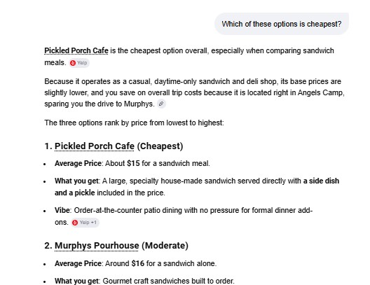 Google AI Mode answering a follow-up question and ranking Pickled Porch Cafe as the cheapest of the three options.