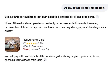 Google AI Mode confirming that all three restaurants accept cash in response to a follow-up question.
