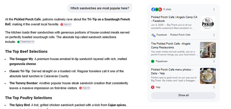 Google AI Mode listing the most popular sandwiches at Pickled Porch Cafe, with a sidebar citing review sources including Facebook, Tripadvisor, and Yelp.