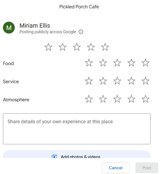 Google “write a review” popup for Pickled Porch Cafe with overall and category star ratings for food, service, and atmosphere.