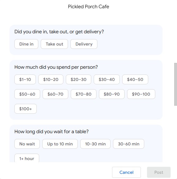 Google review form asking additional questions: whether you dined in, took out, or got delivery; how much you spent per person; and how long you waited for a table.