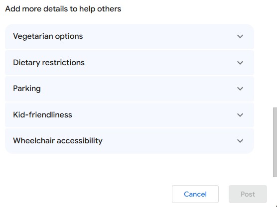 Google review “add more details to help others” dropdowns for vegetarian options, dietary restrictions, parking, kid-friendliness, and wheelchair accessibility.