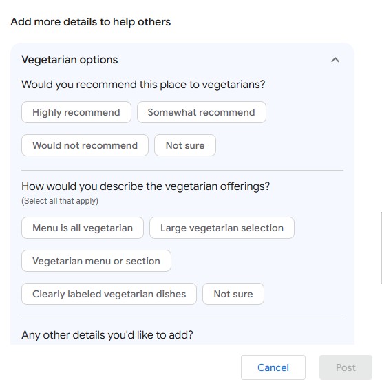 Expanded “vegetarian options” section of a Google review asking whether the reviewer would recommend the place to vegetarians and to describe its vegetarian offerings.