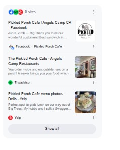 Sidebar of review sources cited by Google AI — Facebook, Tripadvisor, and Yelp — noting results drawn from nine sites.