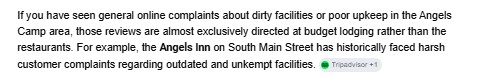 Google AI Mode summary stating that the Angels Inn on South Main Street has faced customer complaints about outdated and unkempt facilities, citing Tripadvisor.