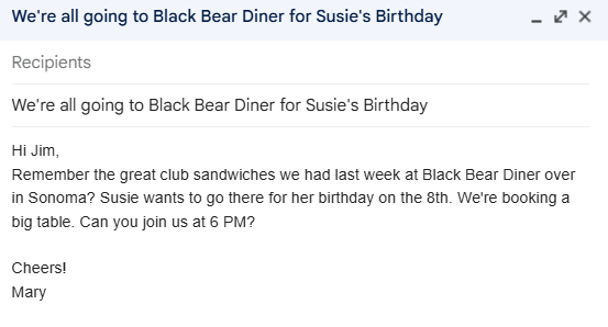 A Gmail message reading “We’re all going to Black Bear Diner for Susie’s Birthday”