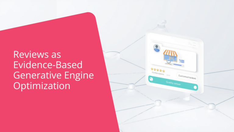 GatherUp blog cover for “Reviews as Evidence-Based Generative Engine Optimization,” with the title on a pink panel beside an illustration of an online review profile with star ratings.