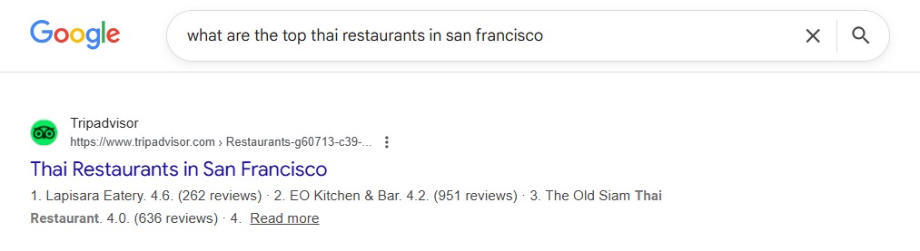 Google organic search result for top Thai restaurants in San Francisco showing a Tripadvisor listing with star ratings and review counts