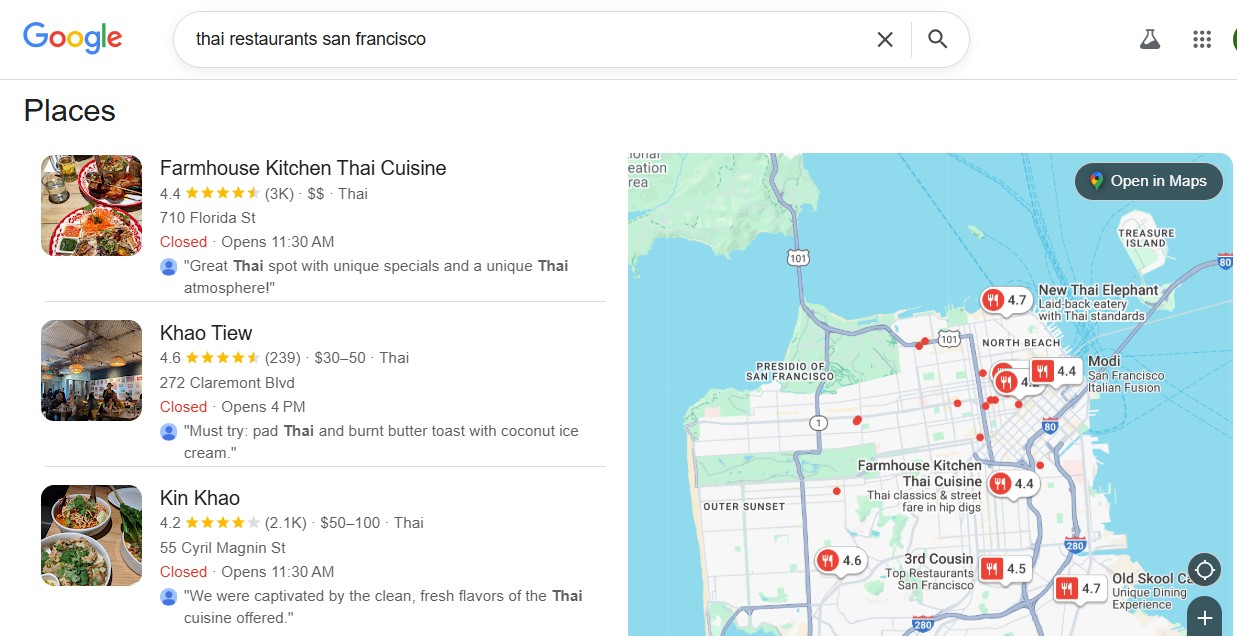 Google local pack for Thai restaurants in San Francisco showing star ratings, review volumes and review excerpts beside a map