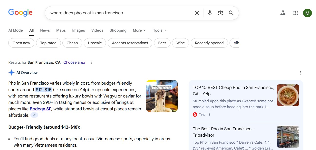 Google AI Overview answering what pho costs in San Francisco, citing Yelp and Tripadvisor review pages