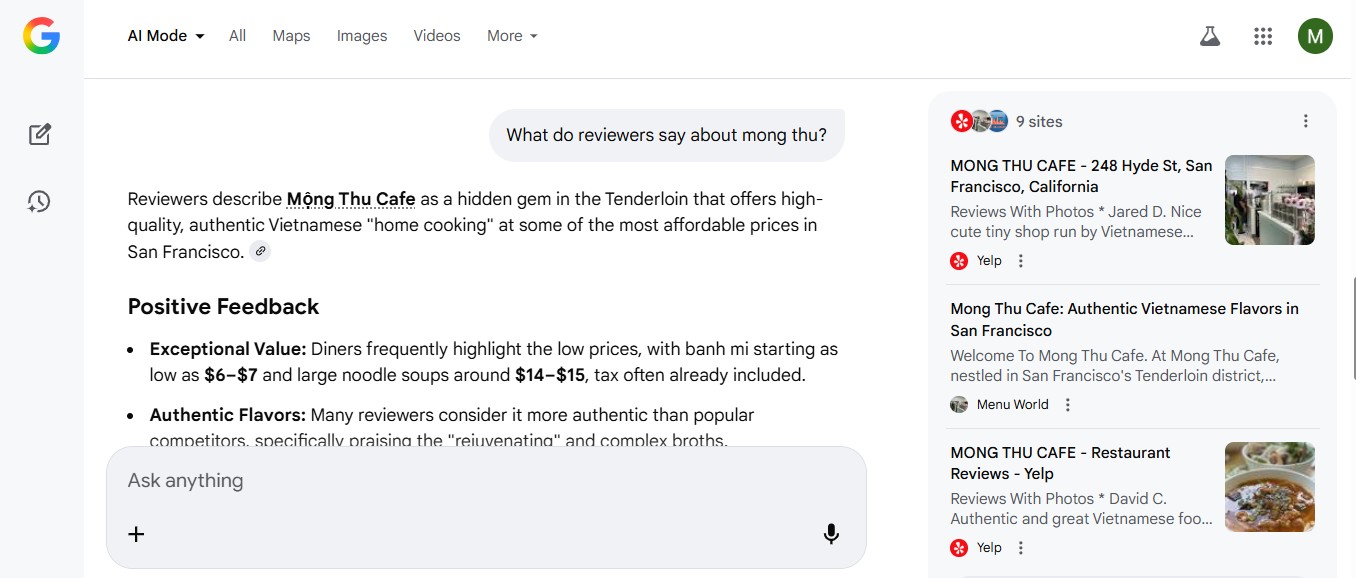 Google AI Mode summarizing what reviewers say about Mong Thu Cafe, with Yelp review pages listed as sources