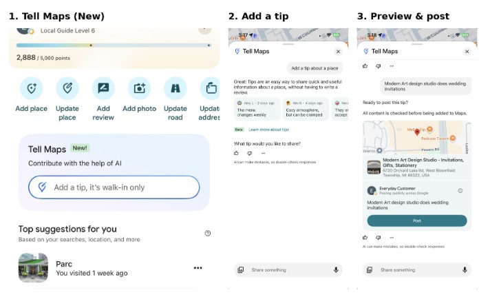 Three-panel walkthrough of Google's Tell Maps feature: the new Tell Maps entry point, adding a tip about a place, and previewing and posting the contribution.