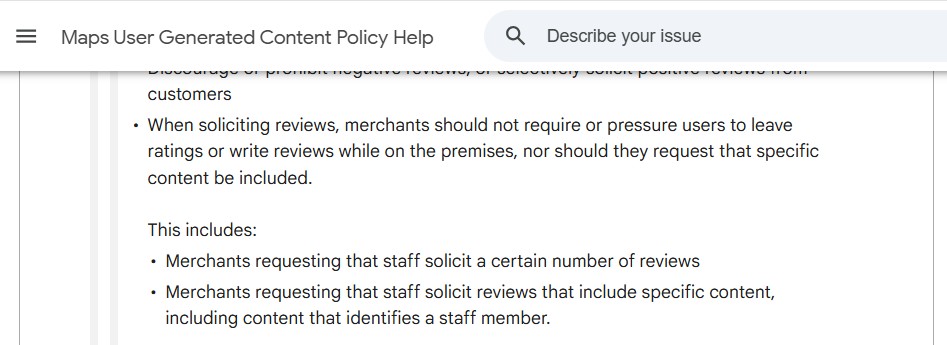 Google Maps user generated content policy stating that merchants should not require or pressure users to leave reviews, including requesting that staff solicit reviews that identify a staff member.