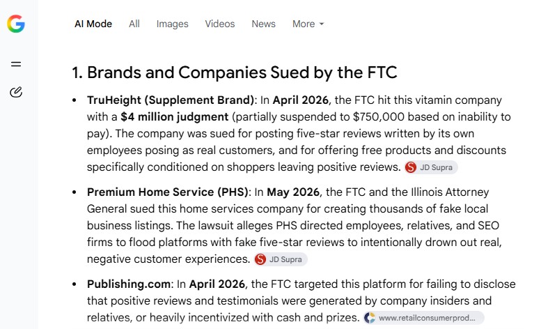 Google AI Mode results listing brands and companies sued by the FTC over fake reviews, including TruHeight, Premium Home Service and Publishing.com.