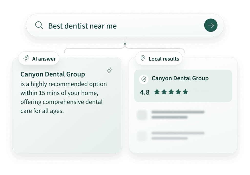 AI search answer and local results recommending a dental practice with strong reviews for "best dentist near me"
