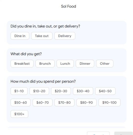 Google review questions for the restaurant Sol Food asking whether the reviewer dined in, took out or got delivery, which meal they got, and how much they spent per person.