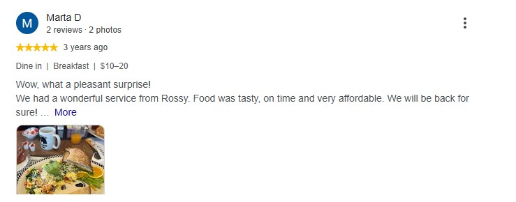 A five-star Google review from Marta D praising the service from a server named Rossy, shown with a photo of the meal.